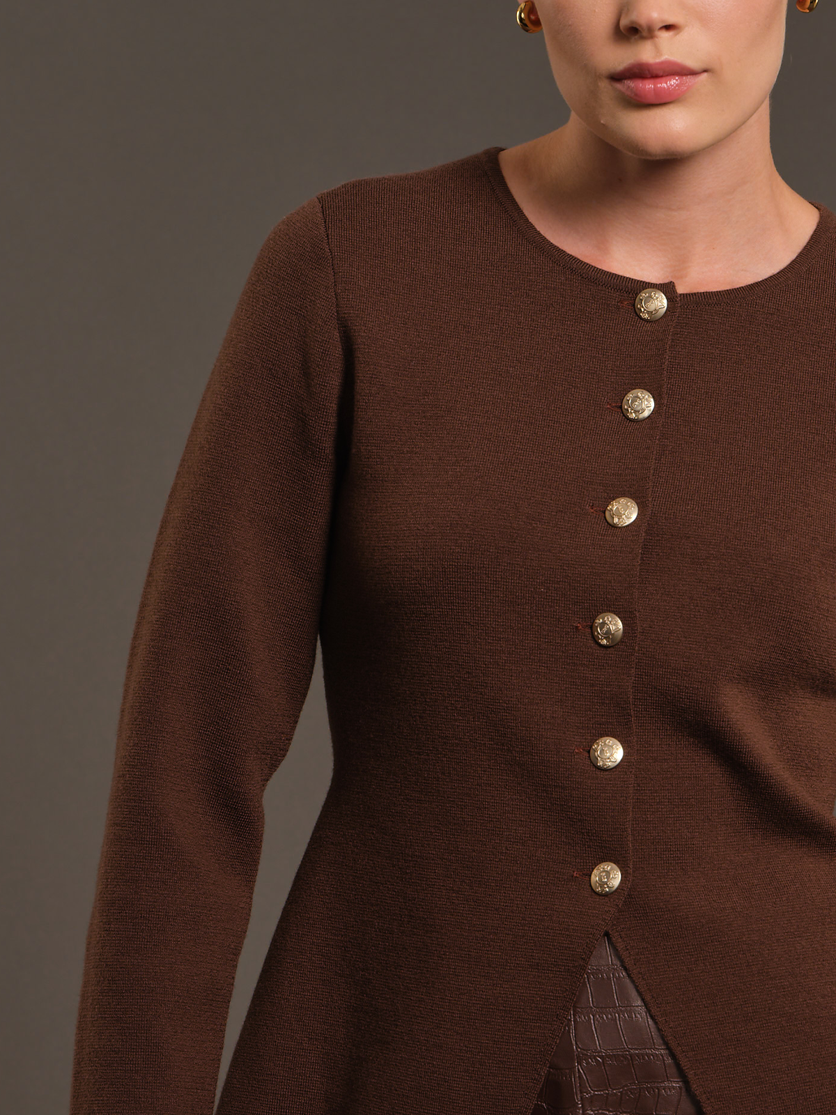 A close-up of a model wearing a brown knit top with a round neckline, a front button closure with gold-tone buttons, and a textured dark brown lower panel.