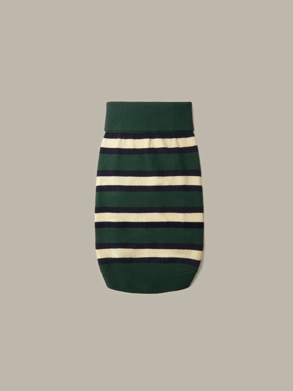 A knit pet sweater with horizontal stripes in forest green, cream, and navy, shown flat against a solid taupe background.