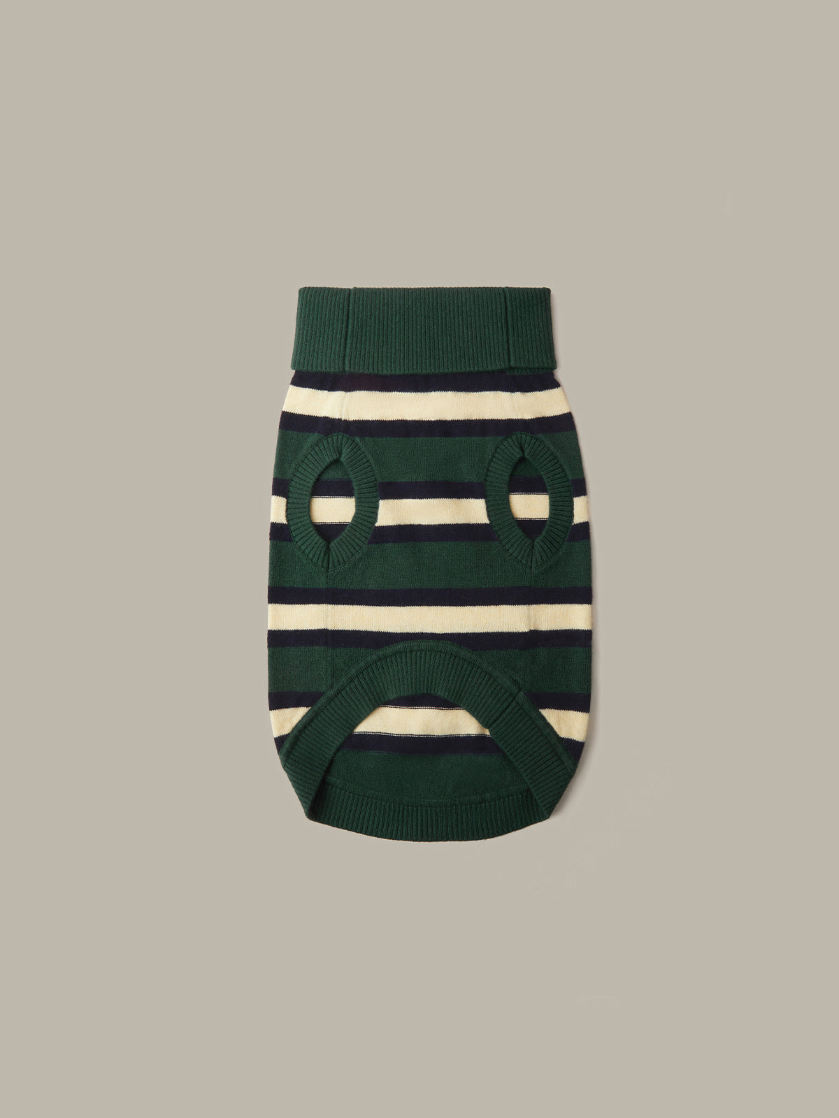 A pet knit sweater in dark green and cream stripes, featuring cutouts for the eyes and nose, displayed flat against a solid taupe background.