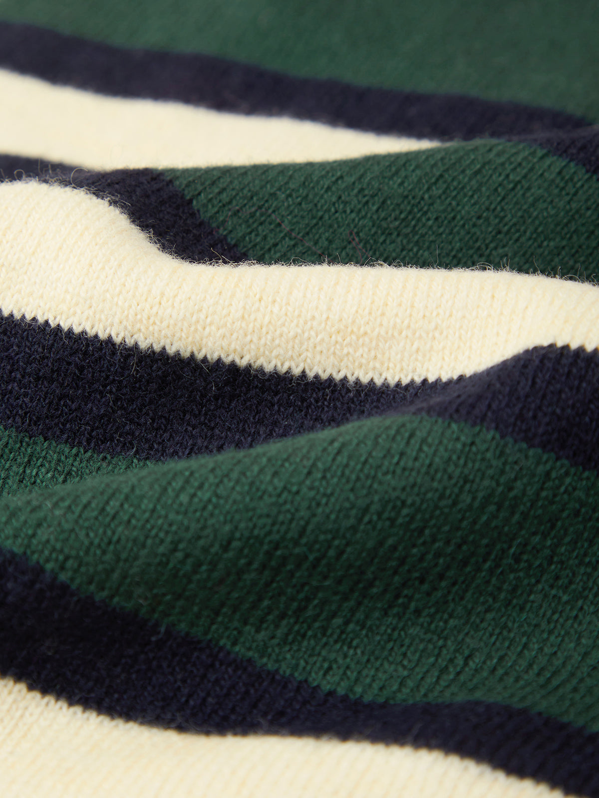 Close-up of a knitted fabric with horizontal stripes in dark green, cream, and navy blue.