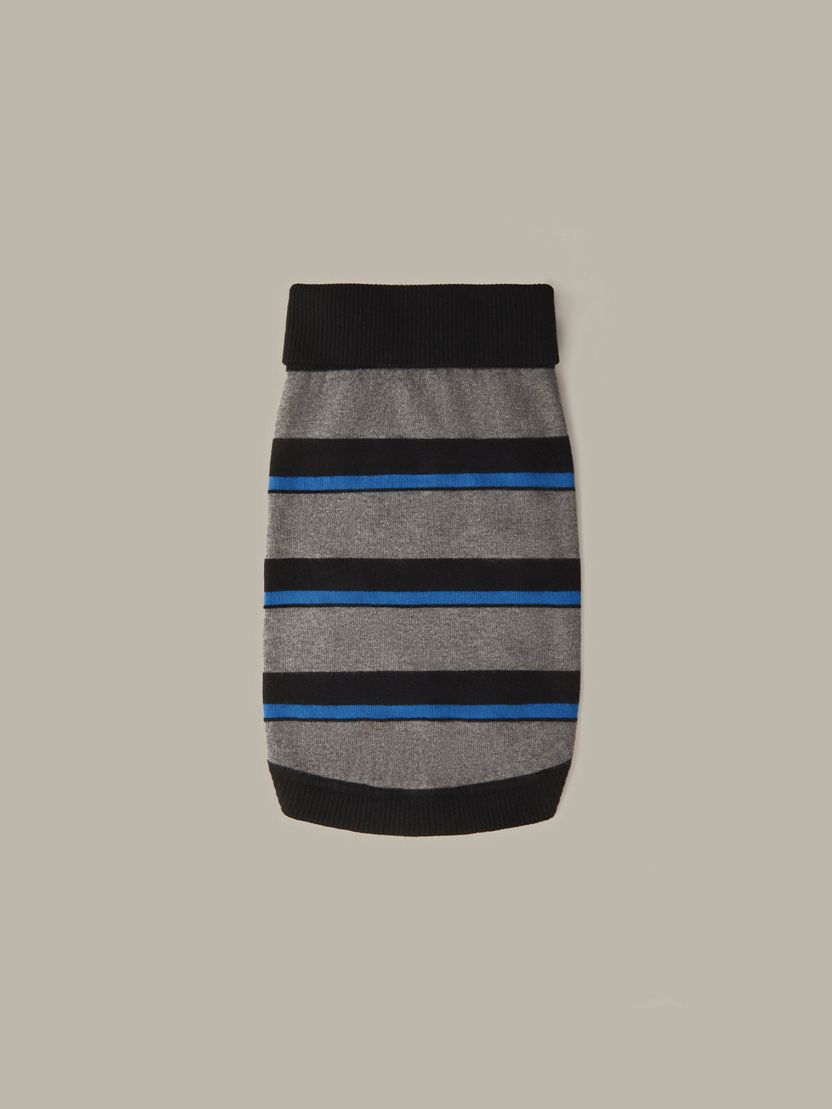 A knit pet sweater with horizontal stripes in gray, black, and blue, featuring a ribbed black neck, body, and hem, shown flat against a solid beige background.