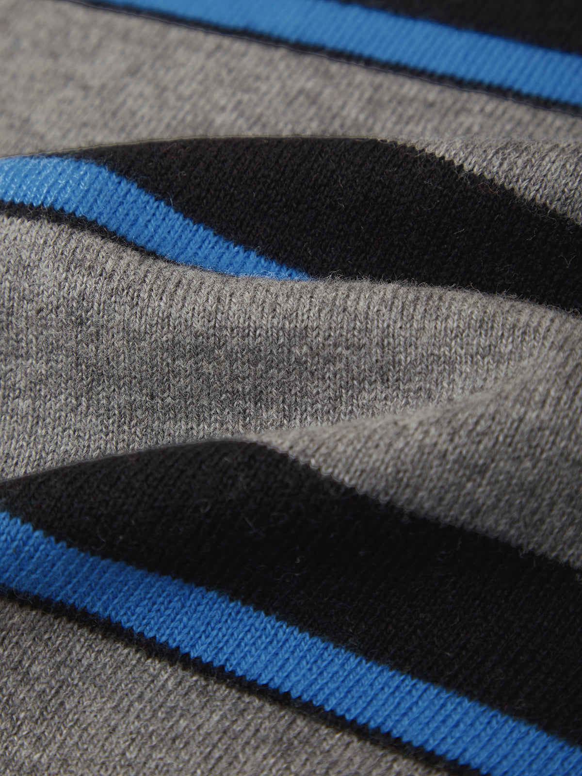 Close-up of a knit fabric with horizontal stripes in heather gray, black, and bright blue.