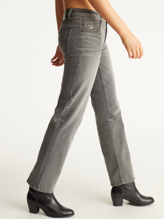 Studded Distressed Straight-Leg Denim Jeans
