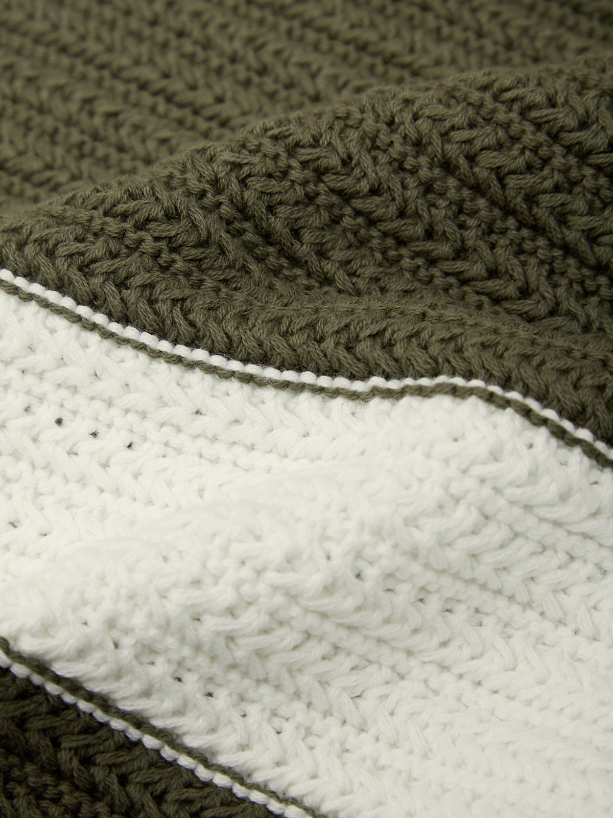 Close-up of a chunky knit blanket or throw with an olive green and off-white color-blocked design, showing detailed cable-knit textures and thin white binding.