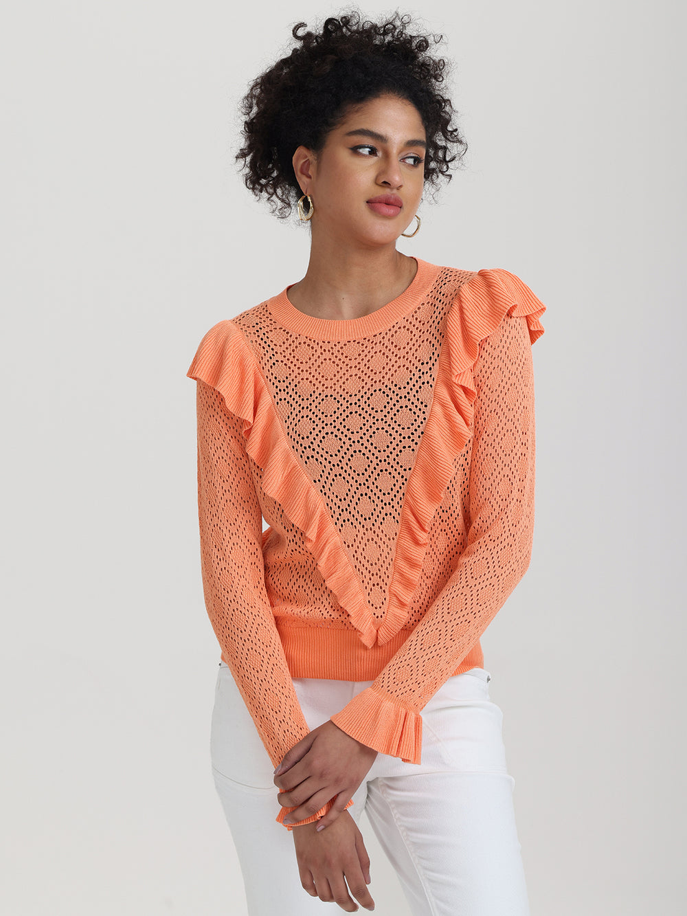 525 America Frances: Ruffle-Trimmed Pointelle Sweater
